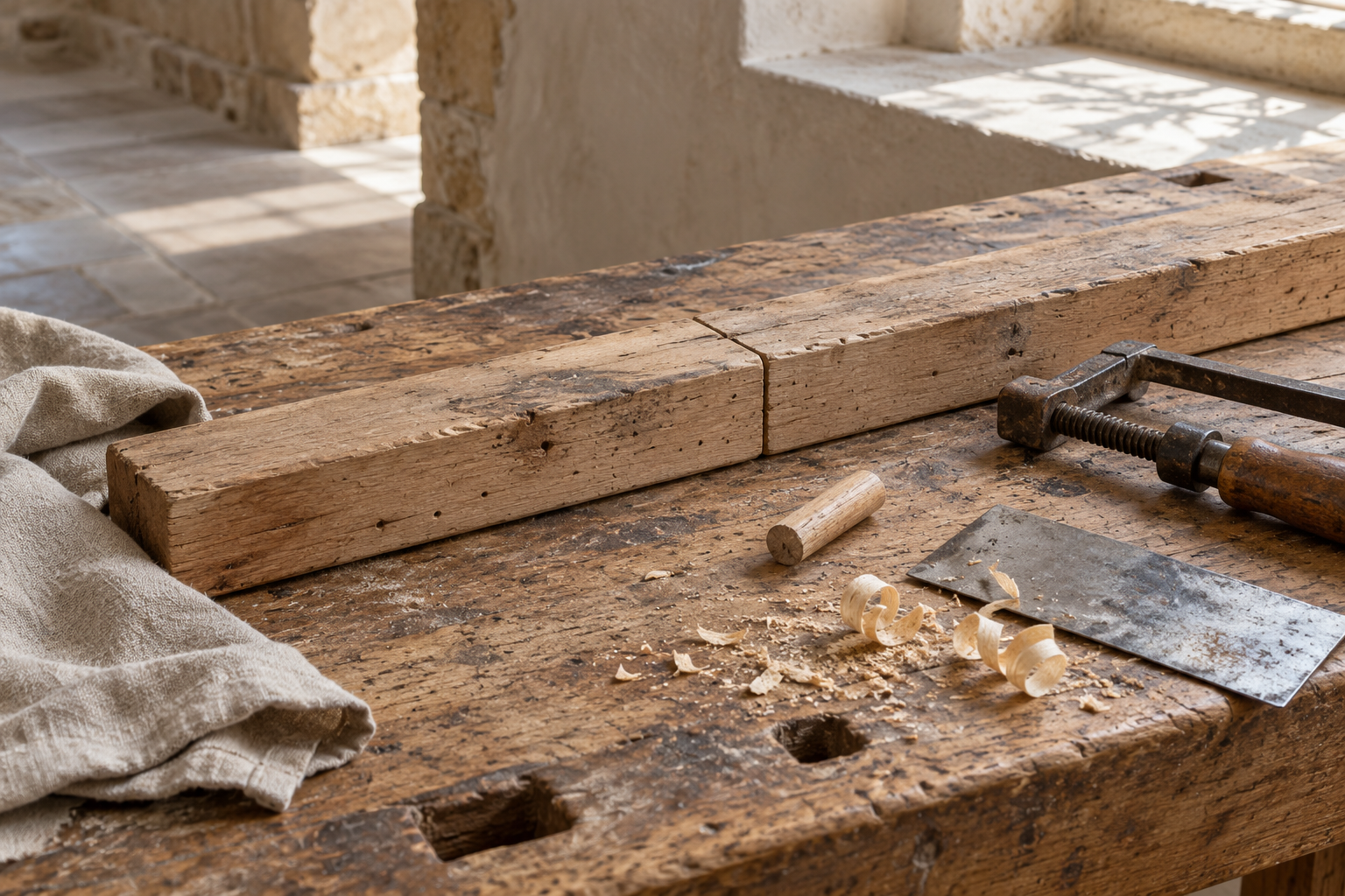 Weathered timber offcuts, a clamp, scraper and cloth on a workshop bench.