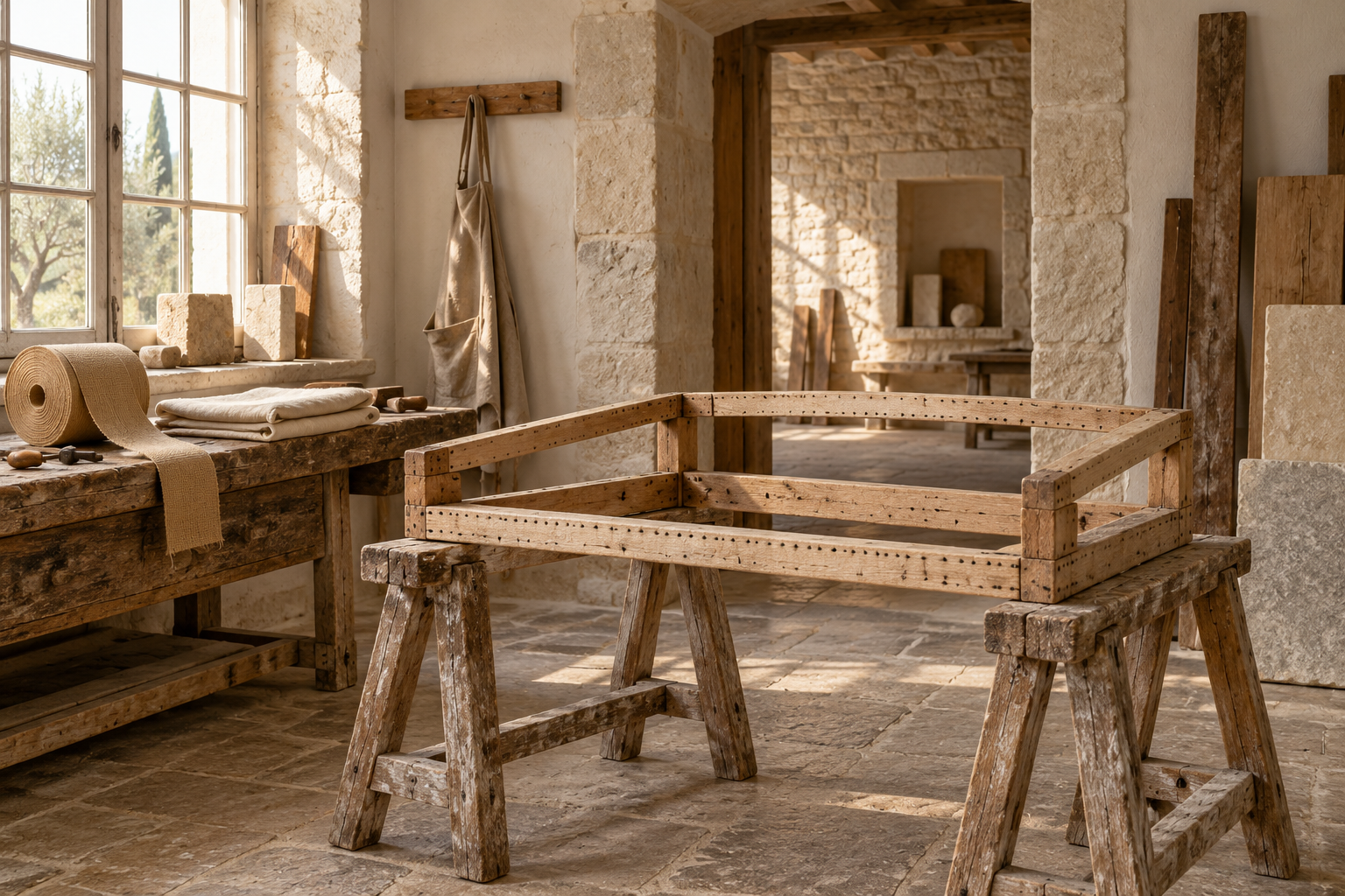 Bare timber frame component on trestles beside webbing and folded cloth.