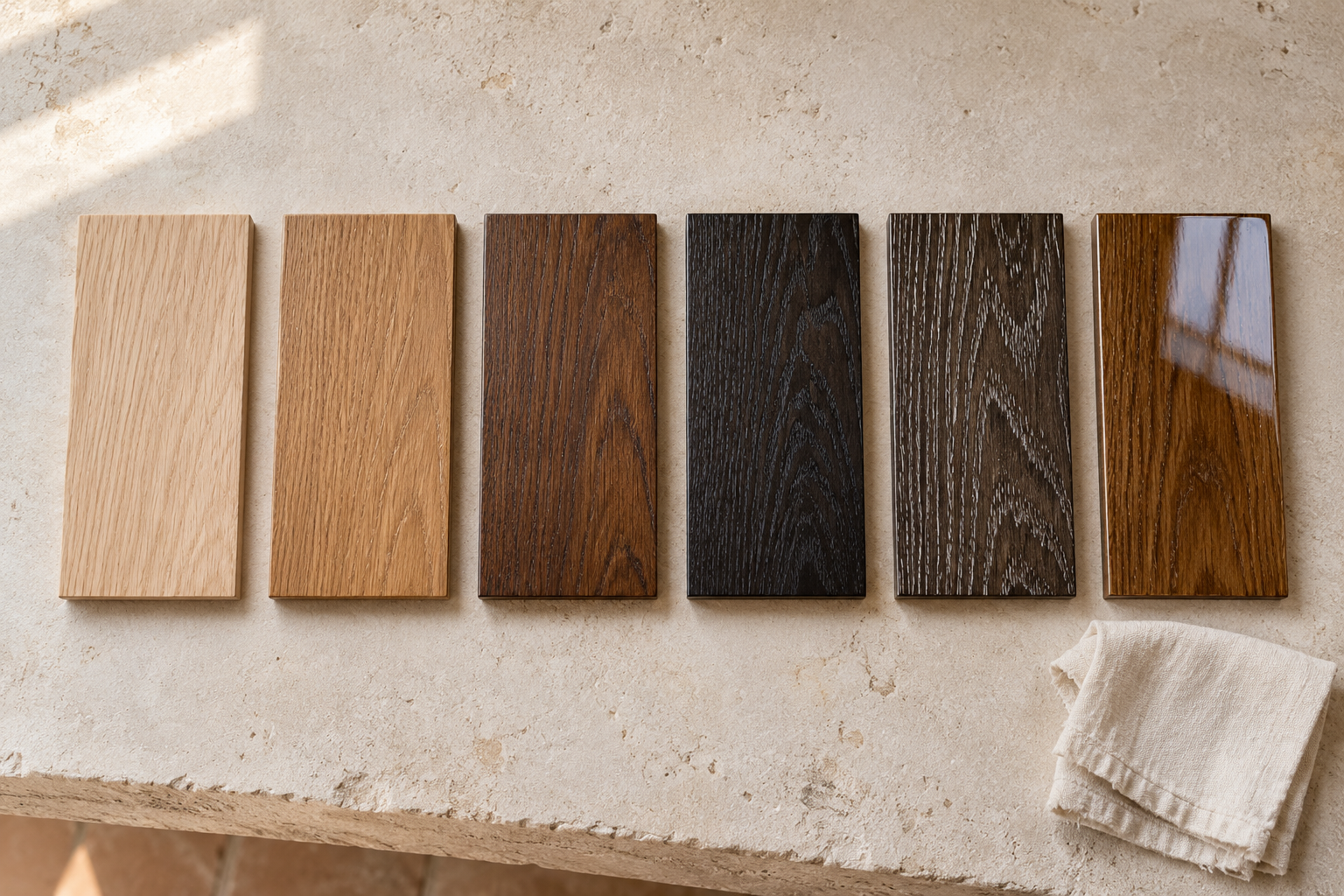 Sechs Holzmusterbretter in unterschiedlichen Farben und Glanzgraden.