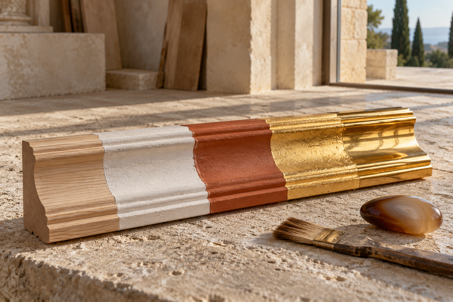 Profilleistenmuster mit Holz, weißem und rotem Grund sowie goldfarbenen Flächen.