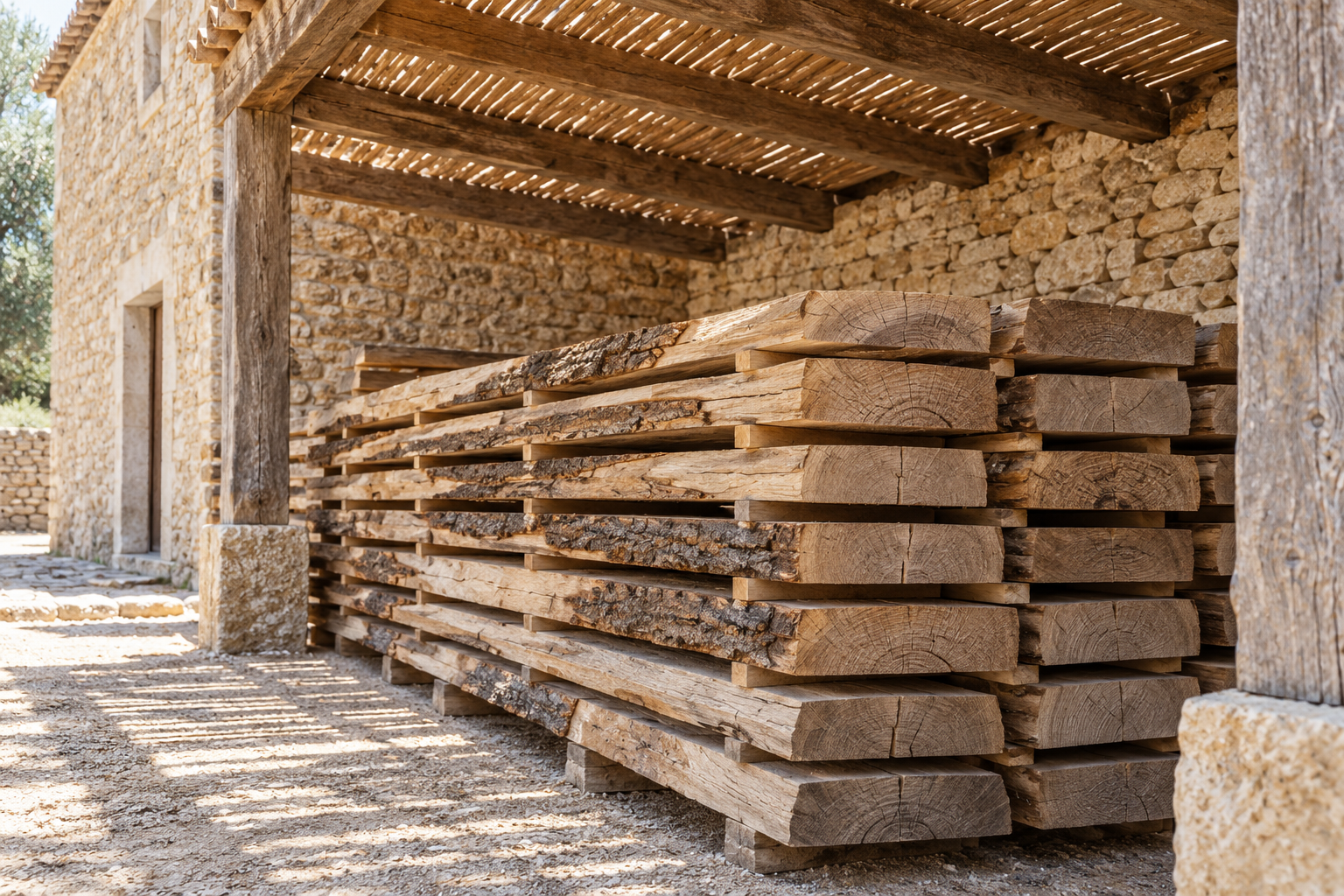 Sägeraues Holz, mit Stapelleisten gestapelt, in einem überdachten Lager.