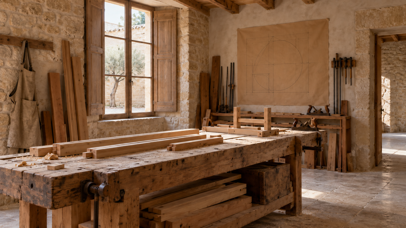 Leere Steinwerkstatt mit einer Werkbank und unfertigen Holzbauteilen.
