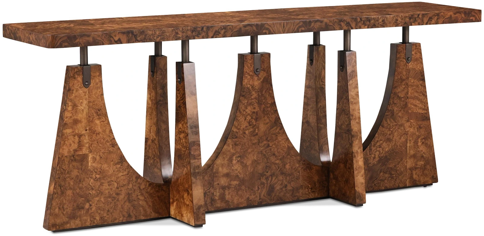 Parabola console table, wood, black walnut, metal, steel