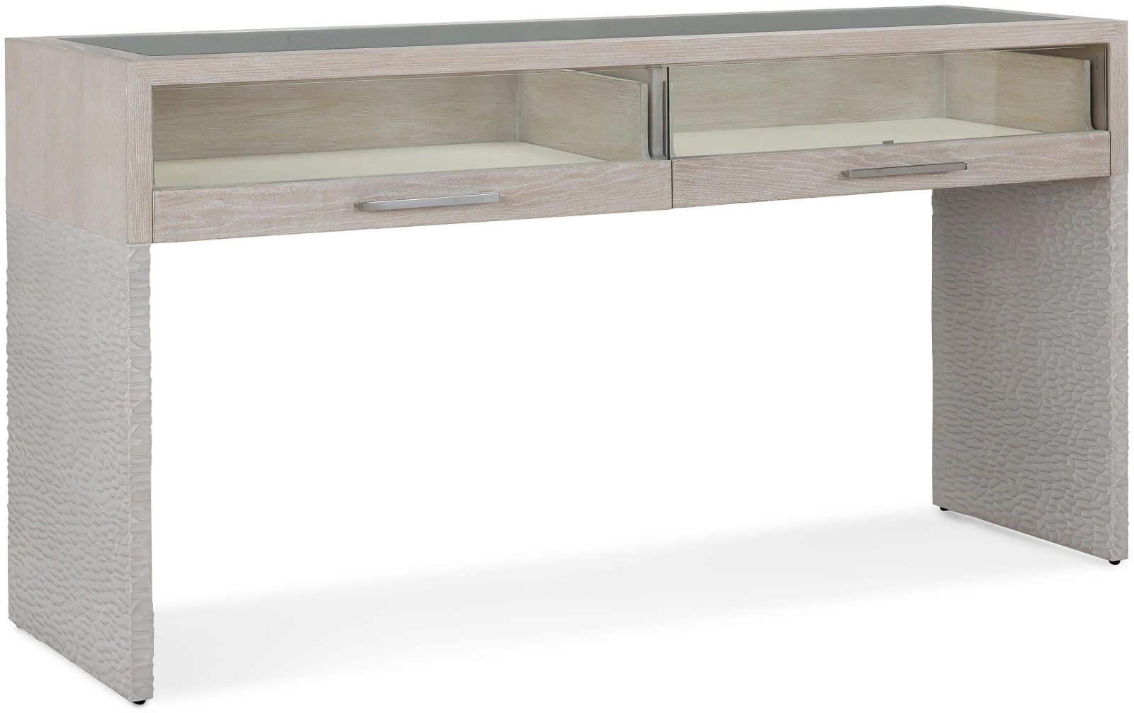 Galicia two-drawer lighted console table, wood, oak, tempered glass, metal, stainless