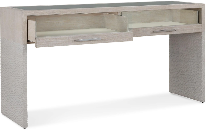 Galicia two-drawer lighted console table, wood, oak, tempered glass, metal, stainless — View 2