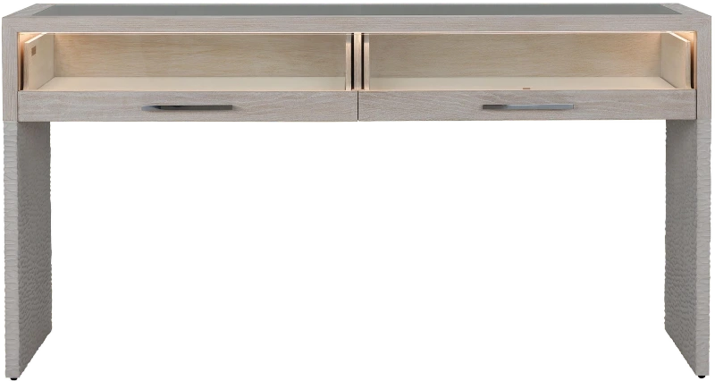 Galicia two-drawer lighted console table, wood, oak, tempered glass, metal, stainless — View 3
