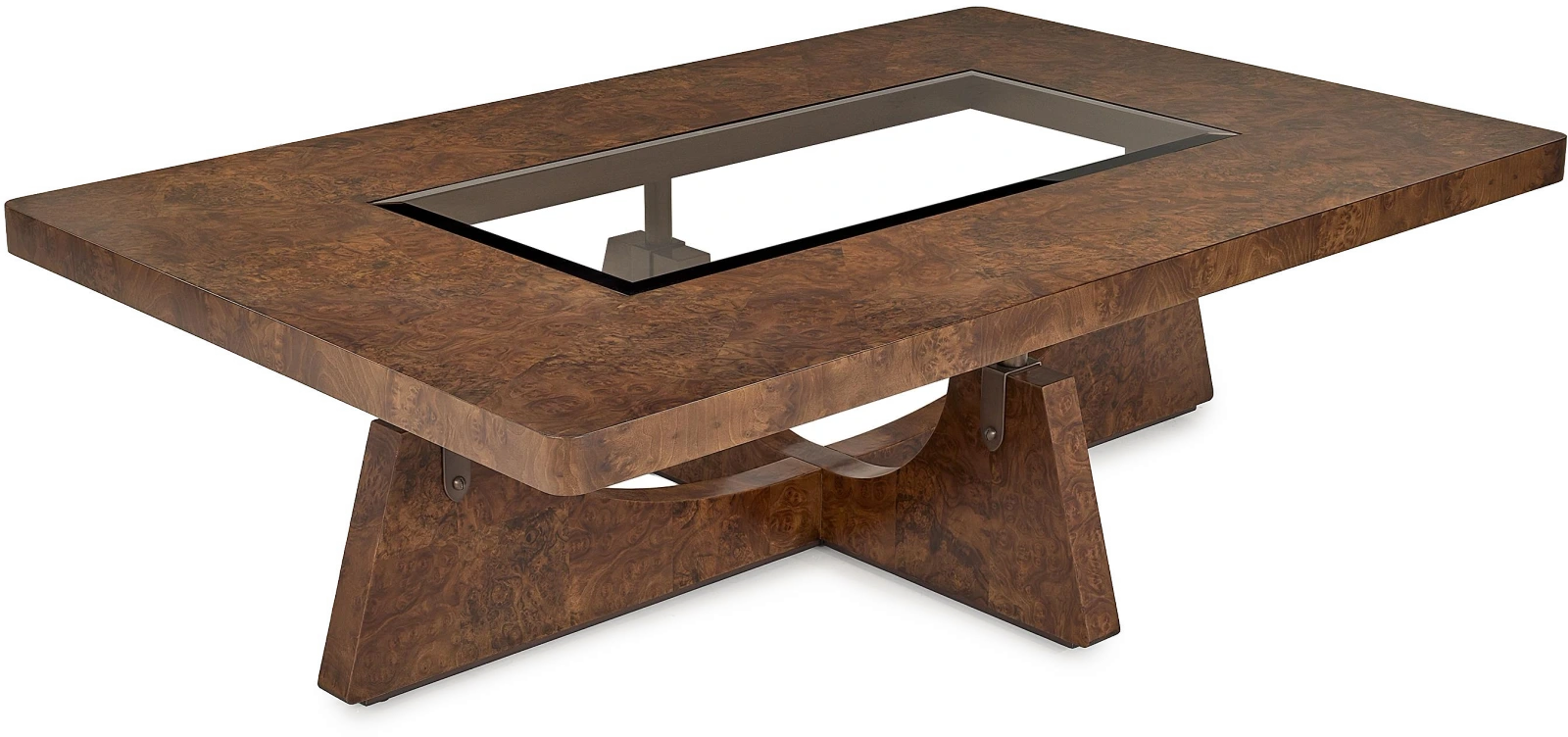 Parabola cocktail table, wood, black walnut, metal, steel, tempered glass