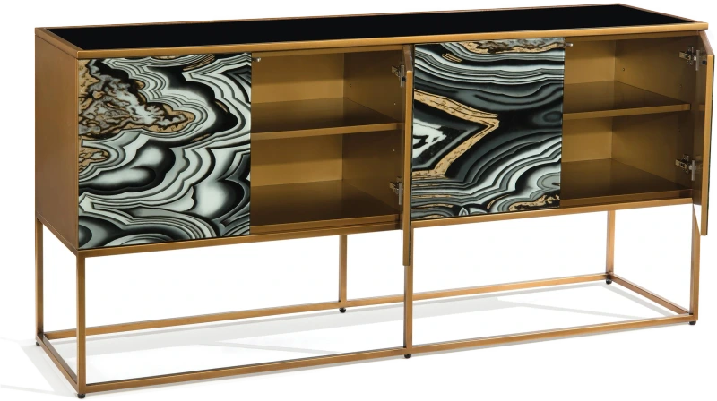 I Dream of Agate cabinet, four doors, mirror, eglomise, metal, steel — Veduta 2
