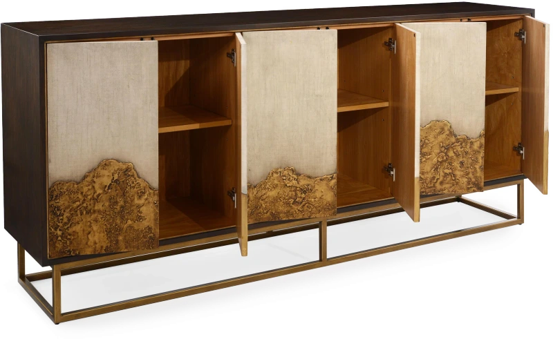 Highlands sideboard, six doors, wood, black walnut, fabric, burlap, metal, steel — Veduta 2