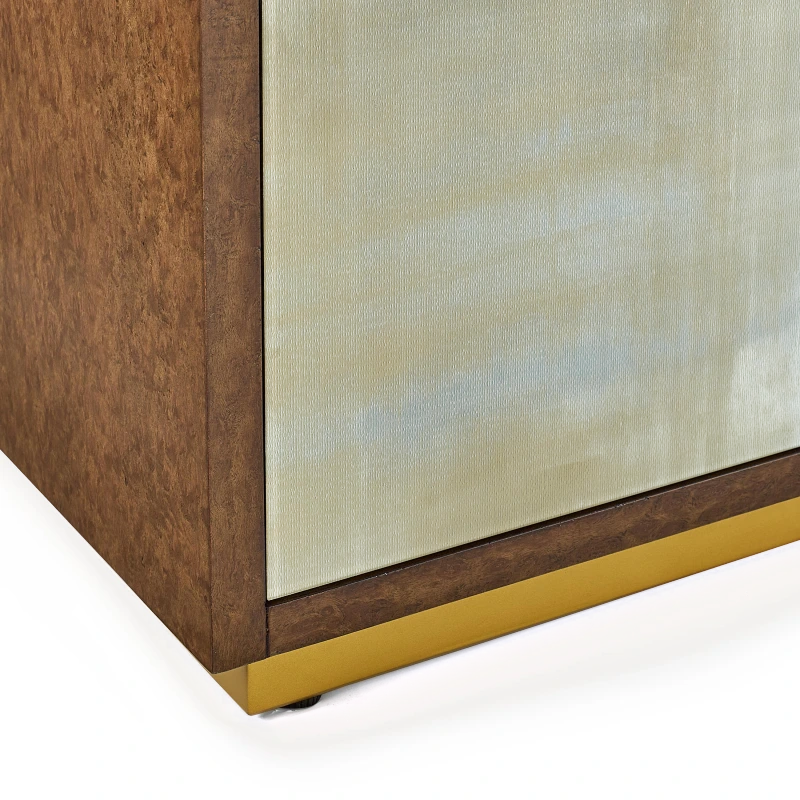 Origins credenza, Carol Benson-Cobb, eucalyptus pomelle natural veneer, wood, maple, glass, metal, brass — Veduta 3