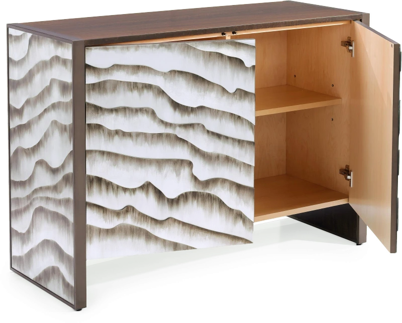 Terrain cabinet, two doors, eucalyptus smoke figured quarter veneer, glass, metal, steel — Veduta 2