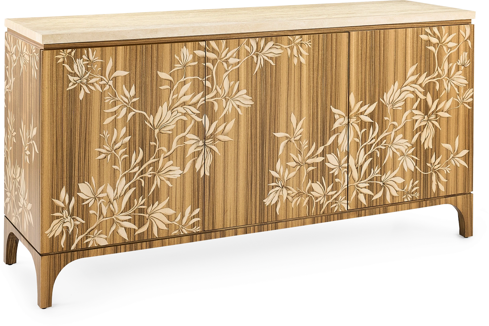 Vernal credenza, three doors, paldao quarter veneer, wood, maple, stone, travertine — Ansicht 2